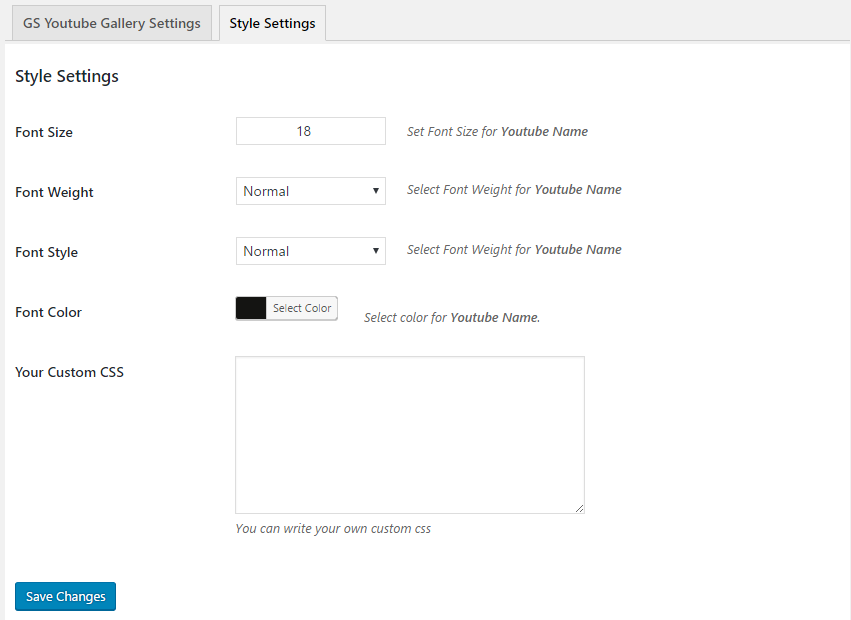 GS YouTube Gallery Style Settings