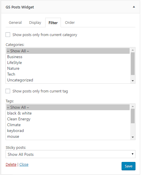 Posts Widget Filter Settings